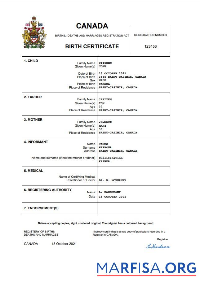 Downloadable Canada birth certificate Word and PDF template